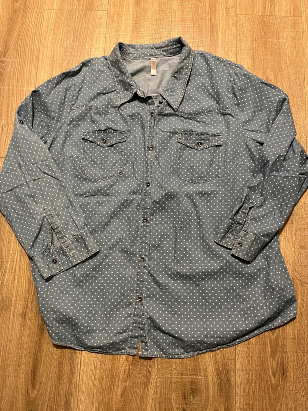 Xhilaration Denim-Look Blue Polka Dot Button-Down Shirt